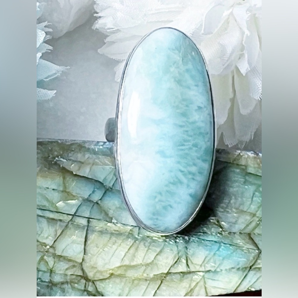 Chunky Long Larimar Ring Size 7.5 Vintage Style 925 Sterling Silver Handmade New - Picture 2 of 6